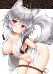 Rule 34 | 1girl, ahoge, animal ears, arms behind back, ass, bent over, blush, bottomless, breasts, commentary request, hair between eyes, inubashiri momiji, kei kei, looking at viewer, medium breasts, medium hair, navel, nipples, no bra, open clothes, open shirt, red eyes, restrained, shirt, silver hair, sleeveless, sleeveless shirt, tail, thighs, touhou, wavy mouth, wolf ears, wolf girl, wolf tail