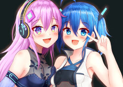 Rule 34 | 2girls, :d, ahoge, bare arms, bare shoulders, black background, blue eyes, blue hair, blush, breasts, cleavage, commentary, commission, english commentary, hair between eyes, hair ornament, hand up, headphones, highres, jacket, long hair, medium breasts, multiple girls, open clothes, open jacket, open mouth, original, pink hair, prophosphere, purple eyes, sleeveless, sleeveless jacket, small breasts, smile, symbol-shaped pupils, twintails, upper body, v over eye, white jacket