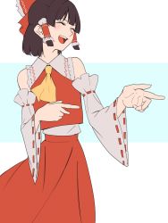 Rule 34 | 1girl, amino (tn7135), aqua background, ascot, bad id, bad pixiv id, black hair, blush, bow, detached sleeves, closed eyes, hair bow, hair tubes, hakurei reimu, laughing, looking to the side, pointing, red bow, red skirt, red vest, ribbon-trimmed sleeves, ribbon trim, short hair, skirt, skirt set, sleeveless, smile, solo, teeth, tongue, touhou, two-tone background, vest, white background, wide sleeves