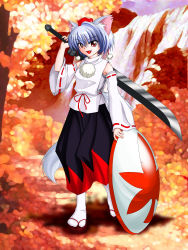 Rule 34 | 1girl, animal ears, bare shoulders, breasts, detached sleeves, fang, geta, hat, highres, inubashiri momiji, looking at viewer, open mouth, over shoulder, pom pom (clothes), red eyes, shield, short hair, silver hair, small breasts, solo, sword, sword over shoulder, tail, tokin hat, touhou, weapon, weapon over shoulder, wolf ears, wolf tail