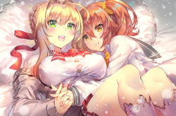 Rule 34 | 10s, 2girls, ahoge, alternate costume, blonde hair, blush, breasts, closed mouth, commentary request, fate/extra, fate/grand order, fate (series), fujimaru ritsuka (female), glowing, glowing eyes, green eyes, hair between eyes, hair ornament, hair scrunchie, holding hands, large breasts, long sleeves, looking at viewer, lying, multiple girls, nero claudius (fate), nero claudius (fate) (all), nero claudius (fate/extra), on back, one side up, open mouth, orange eyes, orange hair, scrunchie, side ponytail, smile, yoshimoto (dear life)