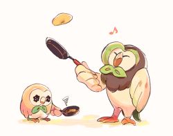 Rule 34 | beak, black eyes, closed mouth, commentary request, creatures (company), dartrix, disappointed, closed eyes, food, frying pan, game freak, gen 7 pokemon, holding, holding frying pan, itome (funori1), musical note, nintendo, no humans, pancake, pokemon, pokemon (creature), rowlet, squiggle, standing, talons