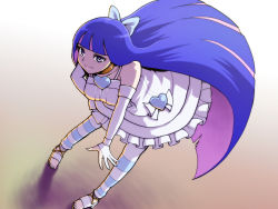 Rule 34 | 10s, 1girl, blue hair, chiaki rakutarou, colored inner hair, dress, from above, highres, leaning forward, long hair, multicolored hair, panty &amp; stocking with garterbelt, smile, solo, stocking (psg), striped clothes, striped thighhighs, thighhighs