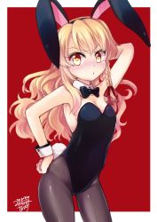 Rule 34 | 1girl, alternate costume, animal ears, arm behind head, arm up, armpits, black bow, black bowtie, black hairband, black leotard, black pantyhose, blonde hair, blush, border, bow, bowtie, braid, breasts, bunny day, cleavage, closed mouth, commentary request, contrapposto, cowboy shot, dated, detached collar, fake animal ears, fake tail, hair ribbon, hairband, hand on own hip, kirisame marisa, leotard, long hair, looking at viewer, mikagami hiyori, nose blush, pantyhose, partial commentary, playboy bunny, rabbit ears, rabbit tail, red background, red ribbon, ribbon, side braid, signature, simple background, small breasts, solo, strapless, strapless leotard, tail, touhou, v-shaped eyebrows, very long hair, wavy hair, white border, wing collar, yellow eyes