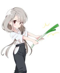 Rule 34 | 1girl, ^^^, black pants, black ribbon, brown hair, closed mouth, commentary request, food, grey hair, hair ribbon, highres, hisakawa nagi, holding, holding food, idolmaster, idolmaster cinderella girls, idolmaster cinderella girls starlight stage, long hair, low twintails, outstretched arms, pants, ribbon, shirt, shiwa (siwaa0419), short sleeves, simple background, smile, solo, spring onion, twintails, two-handed, very long hair, white background, white shirt, wide sleeves