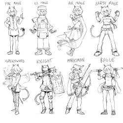 Rule 34 | absurdres, animal ears, armor, cat ears, cat girl, cat tail, classes, galaxyspark, highres, knight, mage, marksman, nathy, rogue, short hair, sketch, swordsman, tail