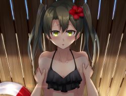 Rule 34 | 10s, 1girl, alternate costume, bikini, blurry, breasts, collarbone, commentary request, depth of field, flower, green eyes, grey hair, hair flower, hair ornament, hair ribbon, hibiscus, innertube, kabedon, kantai collection, long hair, looking at viewer, ohiya, parted lips, pov, ribbon, shade, small breasts, sweat, swim ring, swimsuit, twintails, zuikaku (kancolle)