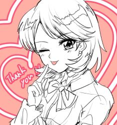 Rule 34 | 1girl, bow, bowtie, commentary, english text, eyelashes, gekkoukan high school uniform, greyscale with colored background, hand up, heart, long sleeves, looking at viewer, medium hair, one eye closed, parted bangs, persona, persona 3, pink background, pointing, pointing at self, school uniform, sketch, solo, spot color, swept bangs, takeba yukari, thank you, tongue, tongue out, upper body, yuyuy 00