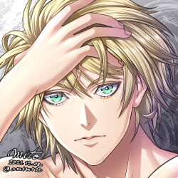 Rule 34 | 1boy, bare shoulders, bishounen, blonde hair, close-up, commentary, dated, eyebrows hidden by hair, green eyes, hand in own hair, hand on own head, highres, imai cosmo, kengan (series), kengan ashura, male focus, mito amatsu, nude, portrait, signature, solo, twitter username
