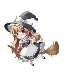 Rule 34 | &gt;:d, 1girl, :d, absurdres, apron, black dress, black footwear, blonde hair, bobby socks, bow, braid, broom, chibi, dress, fang, frilled dress, frills, full body, hair bow, hat, hat bow, highres, kirisame marisa, looking at viewer, mary janes, open mouth, ponta (wwtaimeww), puffy short sleeves, puffy sleeves, red eyes, shoes, short sleeves, side braid, single braid, smile, socks, solo, touhou, v-shaped eyebrows, waist apron, white bow, white socks, witch hat