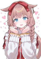 Rule 34 | 1girl, absurdres, animal ears, blue eyes, bow, braid, brown hair, cat ears, cat girl, cat tail, collared jacket, cross-shaped pupils, earrings, facial mark, final fantasy, final fantasy xiv, hair bow, hands up, heart, highres, jacket, jewelry, lilith degree, long sleeves, looking at viewer, medium hair, miqo&#039;te, open mouth, red bow, simple background, single earring, smile, solo, symbol-shaped pupils, tail, twin braids, upper body, warrior of light (ff14), white background, white jacket