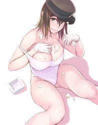 Rule 34 | 10s, 1girl, akitsu maru (kancolle), armpits, bare legs, bare shoulders, black hat, blush, breasts, brown eyes, brown hair, cleavage, collarbone, food, gloves, hat, kantai collection, large breasts, military hat, one-piece swimsuit, peaked cap, school swimsuit, short hair, simple background, sitting, solo, swimsuit, tofu, white background, white gloves, white one-piece swimsuit, white school swimsuit, yuuji (and)