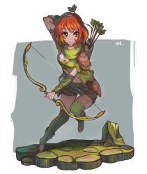 Rule 34 | 1girl, absurdres, armlet, arrow (projectile), boots, bow (weapon), breasts, choker, cleavage, closed mouth, crop top, dota (series), dota 2, full body, green choker, green eyes, green footwear, green jacket, green scarf, green shorts, green thighhighs, grey background, headband, highres, holding, holding bow (weapon), holding weapon, jacket, looking at viewer, navel, orange hair, quiver, scarf, short hair, short sleeves, shorts, smile, solo, thighhighs, two-tone background, weapon, white background, windranger (dota), yukionetwo