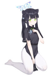 1girl absurdres animal_ears black_dress black_hair blue_archive blue_halo closed_mouth dress full_body green_eyes halo highres kneeling lcy_bingzi long_hair looking_at_viewer no_shoes pantyhose pelvic_curtain short_sleeves shun_(blue_archive) shun_(small)_(blue_archive) solo white_pantyhose wide_sleeves