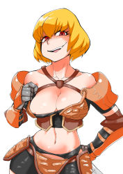 Rule 34 | 1girl, armor, bike shorts, bikini armor, blonde hair, breasts, cleavage, clementine (overlord), collarbone, elbow pads, large breasts, looking at viewer, metal gloves, midriff, navel, open mouth, overlord (maruyama), red eyes, short hair, shoulder armor, simple background, smile, solo, teeth, tongue, upper teeth only, white background, zei-minarai