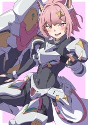 Rule 34 | 1girl, armor, armored bodysuit, armored boots, armored gloves, black bodysuit, blush, bodysuit, boots, breastplate, floating, floating object, goddess of victory: nikke, hair ornament, headgear, hip armor, leg armor, looking at viewer, noah (nikke), open mouth, pink eyes, pink hair, sankakukin gear, shield, short hair, shoulder armor, solo, sparkle hair ornament