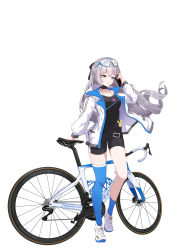 Rule 34 | 1girl, absurdres, ai ke le de xiao hong, asymmetrical legwear, bicycle, bike shorts, black choker, black shirt, black shorts, blue legwear, bronya zaychik, choker, full body, goggles, goggles on head, grey eyes, grey hair, highres, holding, holding phone, honkai (series), honkai impact 3rd, jacket, jewelry, long hair, long sleeves, looking at viewer, mismatched legwear, necklace, open mouth, phone, shirt, shoes, shorts, simple background, sneakers, solo, standing, white background, white footwear, white jacket