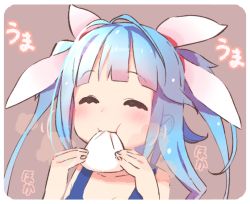 Rule 34 | 1girl, baozi, blue hair, blush, ears visible through hair, eating, closed eyes, food, i-19 (kancolle), kantai collection, om nom nom, simple background, solo, yoru nai
