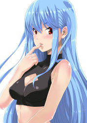 Rule 34 | 1girl, blue hair, blush, breasts, cleavage cutout, clothing cutout, female focus, finger to mouth, highres, long hair, midriff, original, red eyes, shin&#039;ya (shin&#039;yanchi), simple background, solo, white background