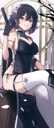 Rule 34 | 1girl, 2gong (9ujin ), absurdres, arm strap, bare shoulders, black dress, black eyes, black gloves, black hair, breasts, china dress, chinese clothes, cleavage, cleavage cutout, clothing cutout, covered navel, crossed legs, dress, earrings, gloves, grin, hair ornament, hand up, highres, holding, jewelry, large breasts, looking at viewer, mole, mole under mouth, original, panties, pelvic curtain, shawl, short hair, side-tie panties, side-tie peek, sitting, sleeveless, sleeveless dress, smile, solo, string panties, thigh strap, thighhighs, underwear, unfinished, white thighhighs