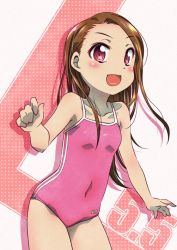 Rule 34 | 1girl, brown eyes, competition swimsuit, covered navel, cowboy shot, dated, flat chest, idolmaster, idolmaster (classic), idolmaster 2, long hair, looking at viewer, minase iori, one-piece swimsuit, open mouth, pink one-piece swimsuit, red eyes, school swimsuit, smile, solo, striped, swimsuit, tommy region, vertical stripes, white background, aged down