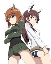 Rule 34 | 10s, 2girls, animal ears, ass, back-to-back, black panties, blue eyes, blush, brave witches, breasts, brown eyes, brown hair, crossed arms, from below, gundula rall, head wings, karibuchi takami, large breasts, long hair, long sleeves, looking back, military, military uniform, multiple girls, nanashino, panties, short hair, small breasts, smile, swimsuit, swimsuit under clothes, tail, underwear, uniform, wings, world witches series