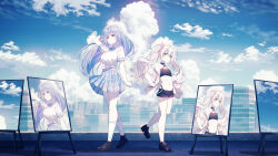 Rule 34 | 2girls, arm up, bare shoulders, black choker, black footwear, black shorts, blue bow, blue eyes, blue hair, blue skirt, blue sky, bow, bowtie, breasts, building, character request, choker, cityscape, closed mouth, cloud, cloudy sky, collared shirt, copyright request, crop top, day, full body, highres, jacket, kneehighs, koh rd, large breasts, loafers, long hair, looking at viewer, medium breasts, midriff, miniskirt, multicolored hair, multiple girls, multiple views, navel, off shoulder, official art, open clothes, open jacket, outdoors, pink hair, plaid, plaid skirt, pleated skirt, purple eyes, ribbon, school uniform, shirt, shoes, short shorts, short sleeves, shorts, skirt, sky, small breasts, smile, socks, standing, stomach, streaked hair, twintails, very long hair, white hair, white jacket, white shirt, white socks