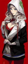 Rule 34 | 10s, 1girl, blonde hair, blue eyes, breasts, cleavage, closed mouth, clover, four-leaf clover, gloves, hood, hood up, hoodie, large breasts, long hair, looking at viewer, looking to the side, pantyhose, persona, persona 5, red background, rr (suisse200), simple background, smile, solo, swept bangs, takamaki anne, twintails