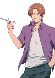 Rule 34 | 1boy, blood, blood on clothes, blood on face, brown hair, closed eyes, collarbone, cowboy shot, earrings, fate/zero, fate (series), fingernails, grey pants, grin, hand in pocket, highres, holding, holding knife, jewelry, knife, male focus, masuiiizo, pants, shirt, short hair, short sleeves, simple background, smile, uryuu ryuunosuke, white background, white shirt