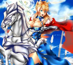 Rule 34 | 1girl, armor, artoria pendragon (fate), artoria pendragon (lancer) (fate), blonde hair, blue eyes, breasts, cleavage, cleavage cutout, clothing cutout, fate/grand order, fate (series), highres, horse, large breasts, long hair, open mouth, solo