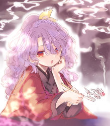 Rule 34 | 1girl, :d, biyon, hair over one eye, hand on own cheek, hand on own face, holding, holding smoking pipe, japanese clothes, kimono, kiseru, komakusa sannyo, long hair, looking at viewer, open mouth, outer glow, smoking pipe, ponytail, purple hair, red eyes, ribbon, simple background, smile, smoke, solo, touhou