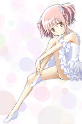 Rule 34 | 10s, 1girl, bare legs, blush, bracelet, choker, detached sleeves, dress, frilled dress, frilled sleeves, frills, from side, highres, invisible chair, jewelry, kaname madoka, kinfuji, knee up, legs, looking at viewer, mahou shoujo madoka magica, mahou shoujo madoka magica (anime), pink eyes, pink hair, scrunchie, shoes, sitting, smile, solo, twintails, white choker, white dress, white footwear, white scrunchie