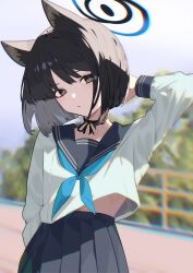Rule 34 | 1girl, absurdres, animal ears, black eyes, black hair, black sailor collar, black skirt, blue archive, blue halo, blue neckerchief, cat ears, cat tail, closed mouth, halo, highres, kikyou (blue archive), long sleeves, looking at viewer, multiple tails, nakare2845, neckerchief, pleated skirt, sailor collar, school uniform, serafuku, short hair, skirt, solo, tail, two tails