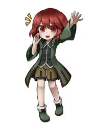 Rule 34 | 1other, androgynous, arm up, brown shorts, coat, collared shirt, commentary request, full body, green coat, green footwear, grey shirt, hand up, len&#039;en, long sleeves, looking at viewer, medium hair, open clothes, open coat, open mouth, other focus, red eyes, red hair, shirt, shitodo hooaka, shorts, simple background, smile, socks, solo, websci 3357, white background, white socks, wide sleeves