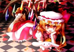 Rule 34 | 1girl, ascot, bad id, bad pixiv id, blonde hair, blood, checkered floor, embodiment of scarlet devil, fang, female focus, flandre scarlet, floor, fuepo, full body, hand on own cheek, hand on own face, hat, hat ribbon, lying, on stomach, red eyes, ribbon, side ponytail, solo, stuffed animal, stuffed rabbit, stuffed toy, touhou, wings