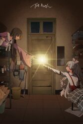 Rule 34 | 2girls, bed, bow, brown hair, bunk bed, buttons, chenwei jun, chinese commentary, cigarette, collared shirt, commentary request, door, dress, english text, fire, fujiwara no mokou, grey hair, hair bow, hand up, highres, holding, holding cigarette, houraisan kaguya, indoors, leaning, lighting cigarette, long hair, long sleeves, looking at another, looking to the side, multiple girls, night, pink dress, shirt, sitting, sleeve garter, suspenders, touhou, under covers, very long hair, white shirt, wide sleeves