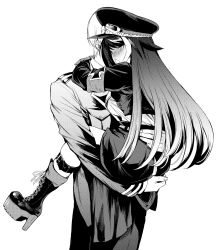 Rule 34 | armband, azur lane, black hair, blush, boots, carrying, cross, cross-laced footwear, deutschland (azur lane), goggles, goggles on headwear, greyscale, hat, iron cross, lace-up boots, long hair, military, military hat, military uniform, monochrome, multicolored hair, platform boots, platform footwear, streaked hair, takeakigaku, uniform, white background