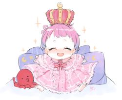 Rule 34 | 1girl, :d, ^ ^, aged down, baby, closed eyes, crown, feet, happy, himemori luna, hololive, isuka, moon, octopus, open mouth, pillow, purple hair, short hair, smile, sparkle, star (symbol), stuffed animal, stuffed toy, toes, virtual youtuber, white background