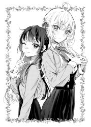 2girls :d ahoge alisa_mikhailovna_kujou blazer blush border bow bowtie breasts buttons closed_mouth collared_shirt cowboy_shot cropped_jacket crossed_bangs double-breasted finger_to_cheek from_side greyscale hair_between_eyes hair_ornament hair_over_shoulder hair_ribbon head_tilt heads_together height_difference highres index_finger_raised jacket large_breasts long_hair long_sleeves looking_at_viewer loose_bowtie medium_breasts monochrome multiple_girls number-only_commentary official_art one_eye_closed open_clothes open_jacket open_mouth ornate_border outside_border own_hands_clasped own_hands_together parted_bangs parted_lips pleated_skirt ribbon school_uniform seiren_academy_school_uniform shirt sidelocks simple_background skirt small_sweatdrop smile suou_yuki swept_bangs tenacitysaho tokidoki_bosotto_roshia-go_de_dereru_tonari_no_alya-san variant_set very_long_hair vest white_background wing_collar