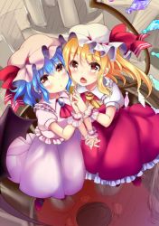 Rule 34 | 2girls, ascot, bat wings, blush, crystal, dress, flandre scarlet, flying, hat, hat ribbon, interlocked fingers, looking at viewer, mob cap, multiple girls, open mouth, puffy short sleeves, puffy sleeves, red footwear, remilia scarlet, ribbon, rimu (kingyo origin), shoes, short sleeves, siblings, sisters, skirt, skirt set, smile, touhou, triangle mouth, wings, wrist cuffs, yellow eyes