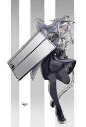 Rule 34 | 1girl, absurdres, animal ears, arknights, closed mouth, commentary request, expressionless, flail, full body, grey background, grey hair, harukan tiusu, heavyrain (arknights), high-waist skirt, highres, holding, holding shield, holding weapon, long hair, looking at viewer, pantyhose, parted bangs, pleated skirt, purple eyes, purple footwear, purple pantyhose, purple skirt, shield, shoes, signature, skirt, sneakers, solo, strap, sweater, weapon, white background, white sweater