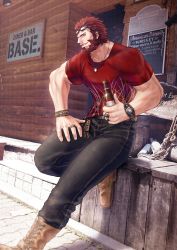 Rule 34 | 1boy, beard, black pants, boots, bottle, brown footwear, building, day, denim, dog tags, eyewear on head, facial hair, fate/grand order, fate (series), highres, holding, holding bottle, iskandar (fate), jeans, looking afar, male focus, mugetsu2501, multiple rings, muscular, outdoors, pants, parted lips, red eyes, red hair, red shirt, ring, shirt, sitting, smile, sunglasses, t-shirt, watch, wristband