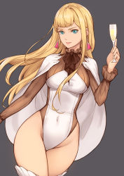 Rule 34 | 1girl, blonde hair, blue eyes, breasts, capelet, commentary request, covered navel, earrings, grey background, gundam, gundam hathaway&#039;s flash, highleg, holding, jewelry, leotard, long sleeves, looking at viewer, medium breasts, solo, swimsuit, tsuki suigetsu, white capelet