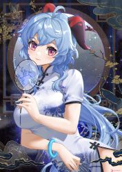Rule 34 | 1girl, ahoge, alternate costume, blue hair, blush, bracelet, breasts, china dress, chinese clothes, chinese commentary, commentary request, dress, ganyu (genshin impact), genshin impact, hand fan, head tilt, highres, holding, holding fan, horns, jewelry, large breasts, linreplica, long hair, looking at viewer, paper fan, purple eyes, short sleeves, smile, solo, sparkle, uchiwa, upper body, very long hair, white dress