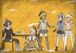 Rule 34 | 10s, 5girls, animal ears, animal print, black bow, black eyes, black footwear, black gloves, black hair, black legwear, black necktie, black skirt, blazer, blonde hair, blue shirt, boots, bow, breast pocket, brown footwear, brown hair, campo flicker (kemono friends), chair, clenched hand, closed mouth, commentary request, common raccoon (kemono friends), crack, egyptian art, fennec (kemono friends), fox ears, fox tail, from side, full body, fur collar, fur trim, giraffe ears, giraffe horns, giraffe print, giraffe tail, glasses, gloves, grey hair, grey shirt, grey skirt, grey wolf (kemono friends), head wings, high-waist skirt, highres, horns, jacket, kemono friends, kita (7kita), knee boots, long hair, long sleeves, multicolored hair, multiple girls, necktie, on one knee, pantyhose, pink sweater, plaid, plaid necktie, plaid neckwear, plaid skirt, pleated skirt, pocket, profile, puffy short sleeves, puffy sleeves, raccoon ears, raccoon tail, reticulated giraffe (kemono friends), scarf, shirt, shoes, short hair, short sleeves, sitting, skirt, socks, spread legs, standing, striped tail, sweater, table, tail, thighhighs, two-tone hair, white footwear, white gloves, white hair, white shirt, wings, wolf ears, wolf tail, yellow background, yellow bow, yellow gloves, yellow skirt