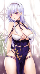 Rule 34 | 1girl, absurdres, azur lane, backlighting, bare hips, bare shoulders, black hairband, blunt bangs, blush, breasts, cleavage, collarbone, commentary request, covered navel, curtains, day, dido (anxious bisque doll) (azur lane), dido (azur lane), dress, hairband, highres, indoors, korean commentary, large breasts, lillly, long hair, looking at viewer, parted lips, pelvic curtain, purple dress, purple eyes, silver hair, skindentation, sleeveless, sleeveless dress, solo, thighs, window