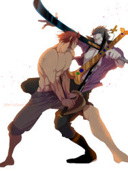 Rule 34 | 2boys, abs, aged down, artist request, barefoot, battle, black hair, clenched teeth, dracule mihawk, fighting, full body, glowing, highres, holding, holding sword, holding weapon, large pectorals, looking at another, manly, multiple boys, muscular, one piece, open clothes, open shirt, pectorals, red hair, shanks (one piece), short hair, simple background, sword, teeth, twitter username, weapon, yellow eyes, yoru (one piece)