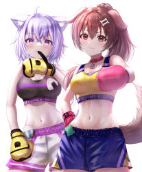 Rule 34 | 2girls, :3, absurdres, alternate costume, animal ear fluff, animal ears, blue shorts, bone hair ornament, boxer, boxing gloves, breasts, brown eyes, brown hair, cartoon bone, cat ears, cat girl, cat tail, character name, choker, cleavage, clothes writing, dog ears, dog girl, dog tail, hair between eyes, hair ornament, highres, hololive, inugami korone, looking at viewer, medium breasts, mouth hold, multiple girls, navel, nekomata okayu, purple eyes, purple hair, red choker, short hair, shorts, simple background, smile, sports bra, sweat, tail, thighs, virtual youtuber, wajuniorbox, white background, white shorts