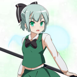 Rule 34 | 1girl, alternate hairstyle, black bow, black ribbon, blush, bow, bowtie, breasts, cato (monocatienus), collared shirt, commentary, d:, d:&lt;, green eyes, green hair, hair bow, konpaku youmu, konpaku youmu (ghost), long sleeves, looking at viewer, looking back, open mouth, ponytail, ribbon, scabbard, sheath, shirt, short hair, short ponytail, silver hair, skirt, skirt set, small breasts, solo, touhou, tsurime, v-shaped eyebrows, vest