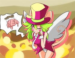 Rule 34 | 1girl, absurdres, animal ears, blush stickers, brain, breasts, green hair, hat, highres, leotard, mad rat dead, mouse (animal), mouse ears, mouse girl, mouse tail, nippon ichi, rat god, red eyes, tail, tie clip, top hat, wings, wrist cuffs